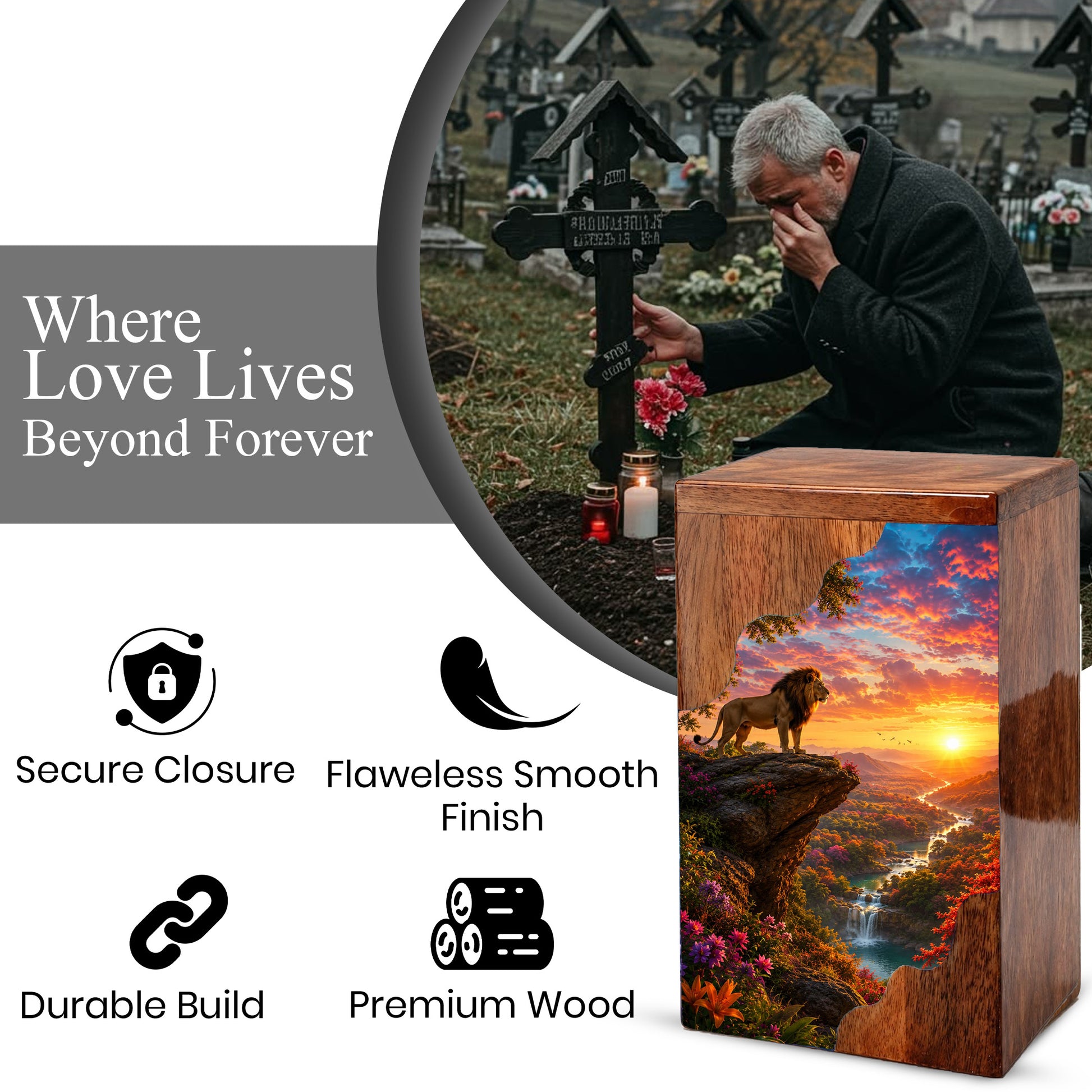 Lion Wooden Cremation Urn – Sunset Memorial Urn for Human Ashes |