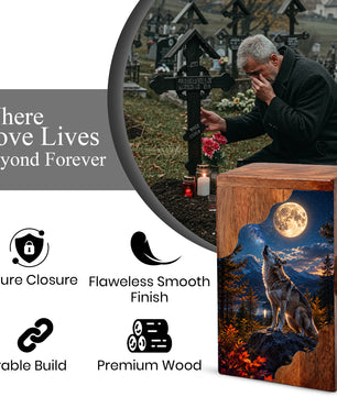 Wolf Wooden Cremation Urn – Personalized Memorial Urn for Human Ashes | Moonlit Wolf Wooden Urn