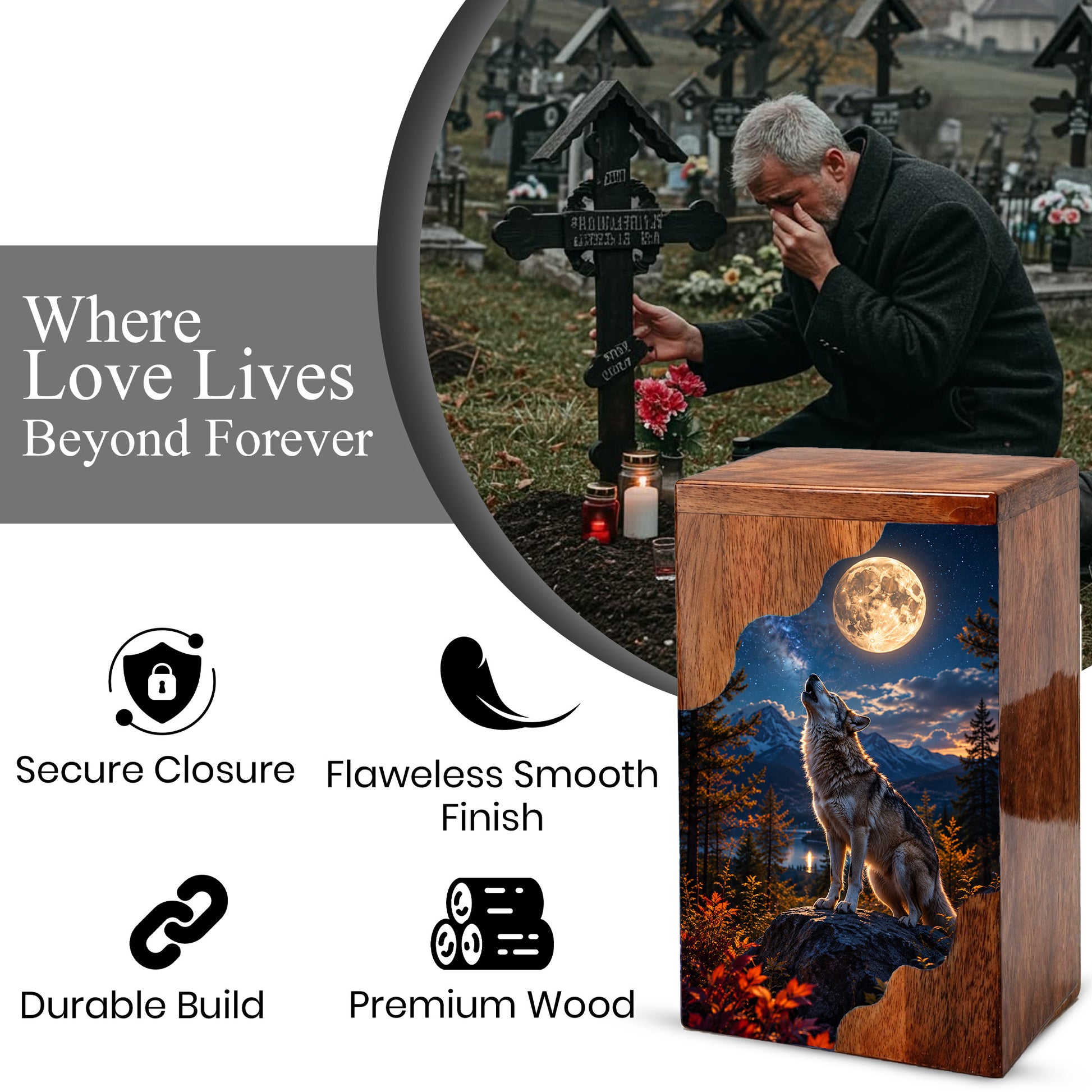 Wolf Wooden Cremation Urn – Personalized Memorial Urn for Human Ashes | Moonlit Wolf Wooden Urn