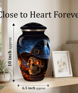 Halloween Skull Adult Urn for Ashes – Gothic Witch Hat Cremation Urn for Adults
