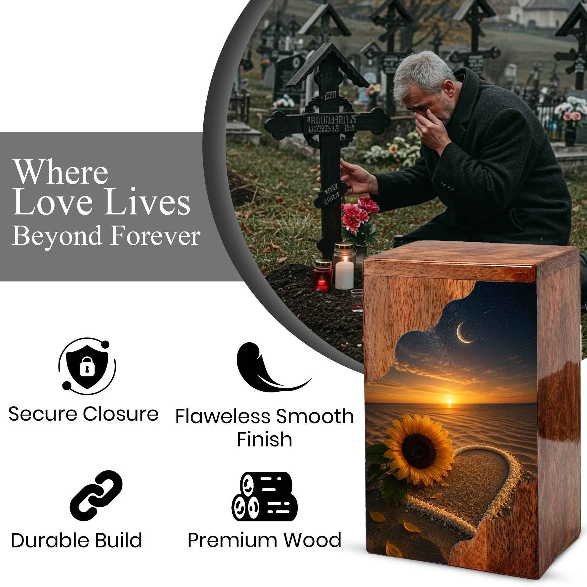 Sunflower Beach Wooden Cremation Urn for Mom | Personalized Memorial Urn for Human Ashes