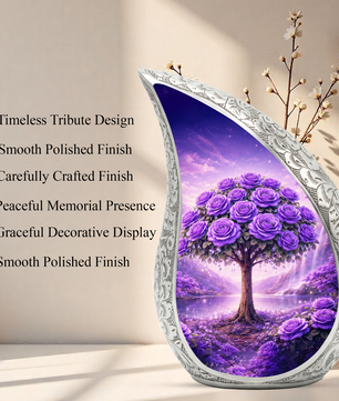 Personalized Purple Rose Cremation Urn – Custom Floral Memorial Urn for Ashes, Tree of Life Teardrop Aluminum Adult Urn, 10 Inch
