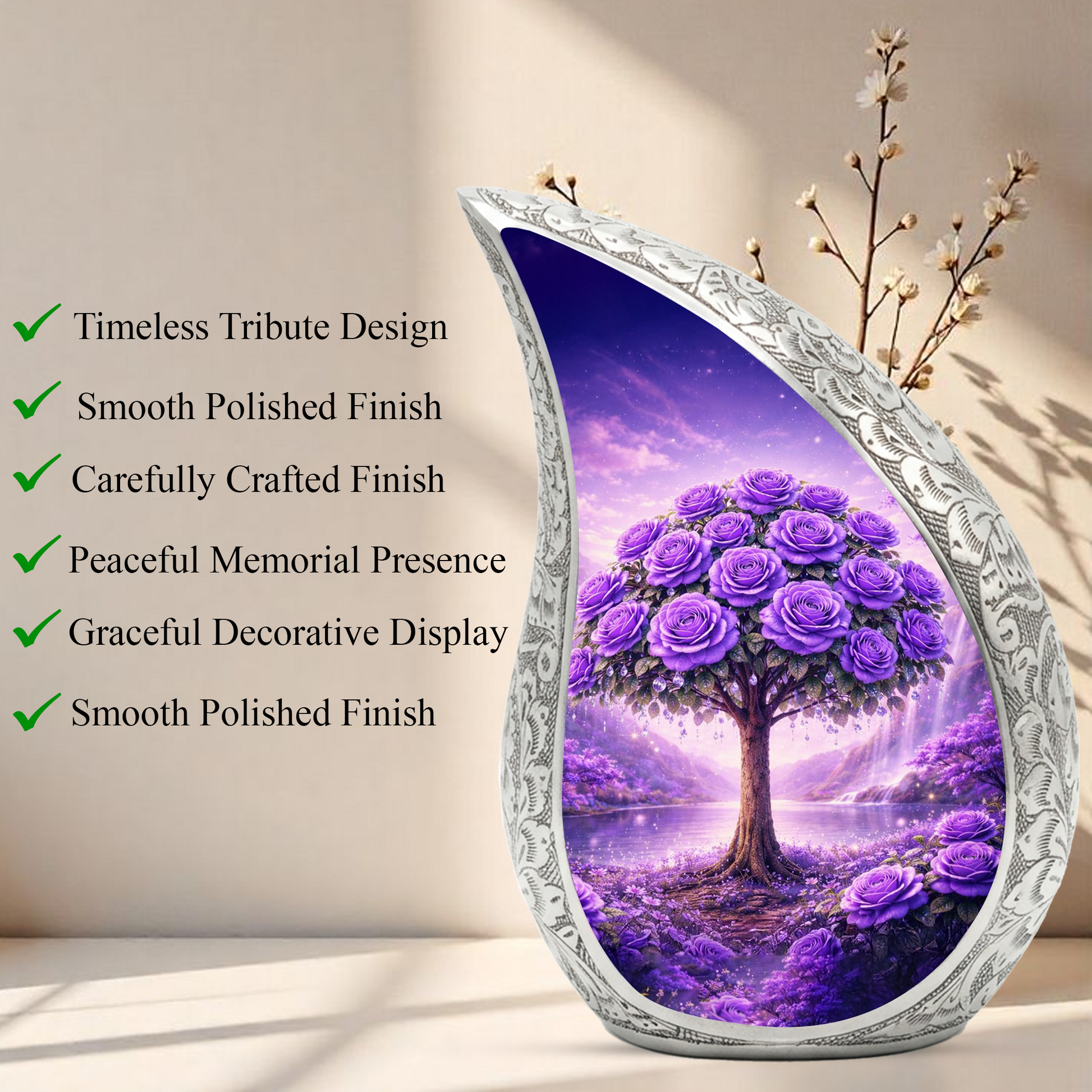 Personalized Purple Rose Cremation Urn – Custom Floral Memorial Urn for Ashes, Tree of Life Teardrop Aluminum Adult Urn, 10 Inch