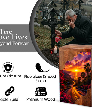 Wooden Cremation Urn for Mom | Sunset Ocean Memorial Urn for Human Ashes