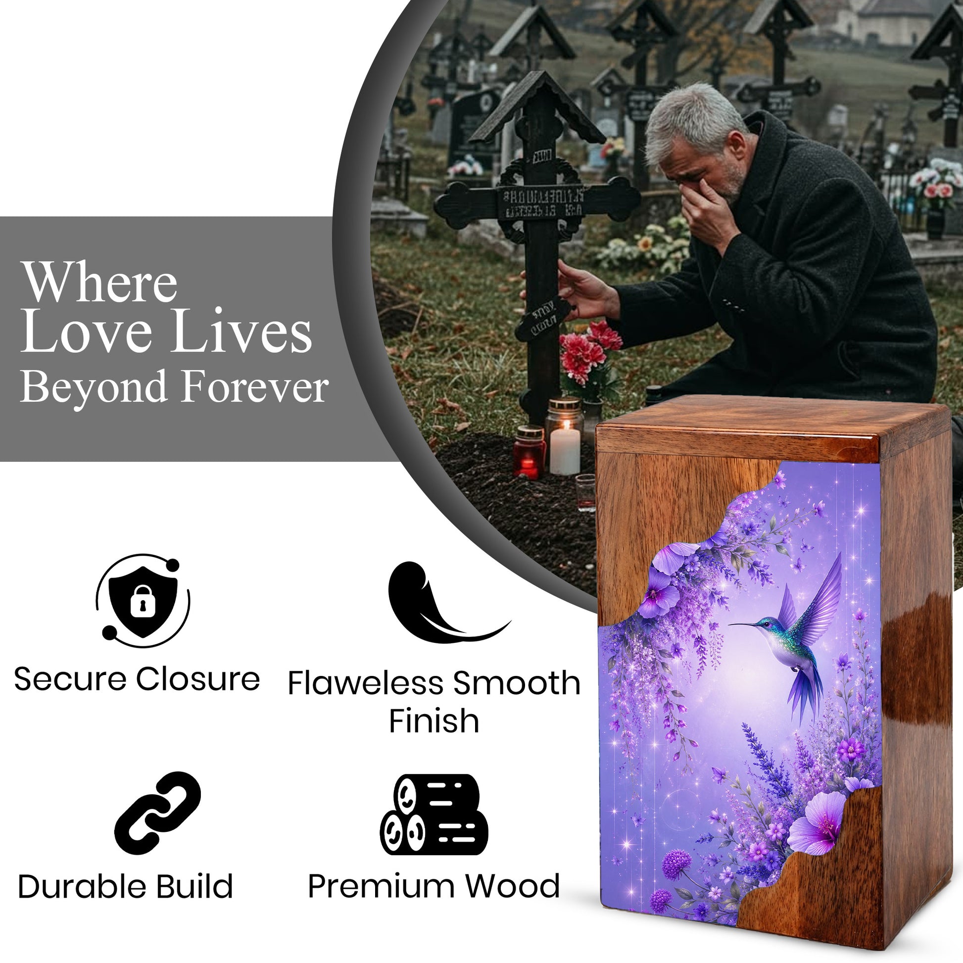 Hummingbird Cremation Urn for Mom | Wooden Urn for Human Ashes