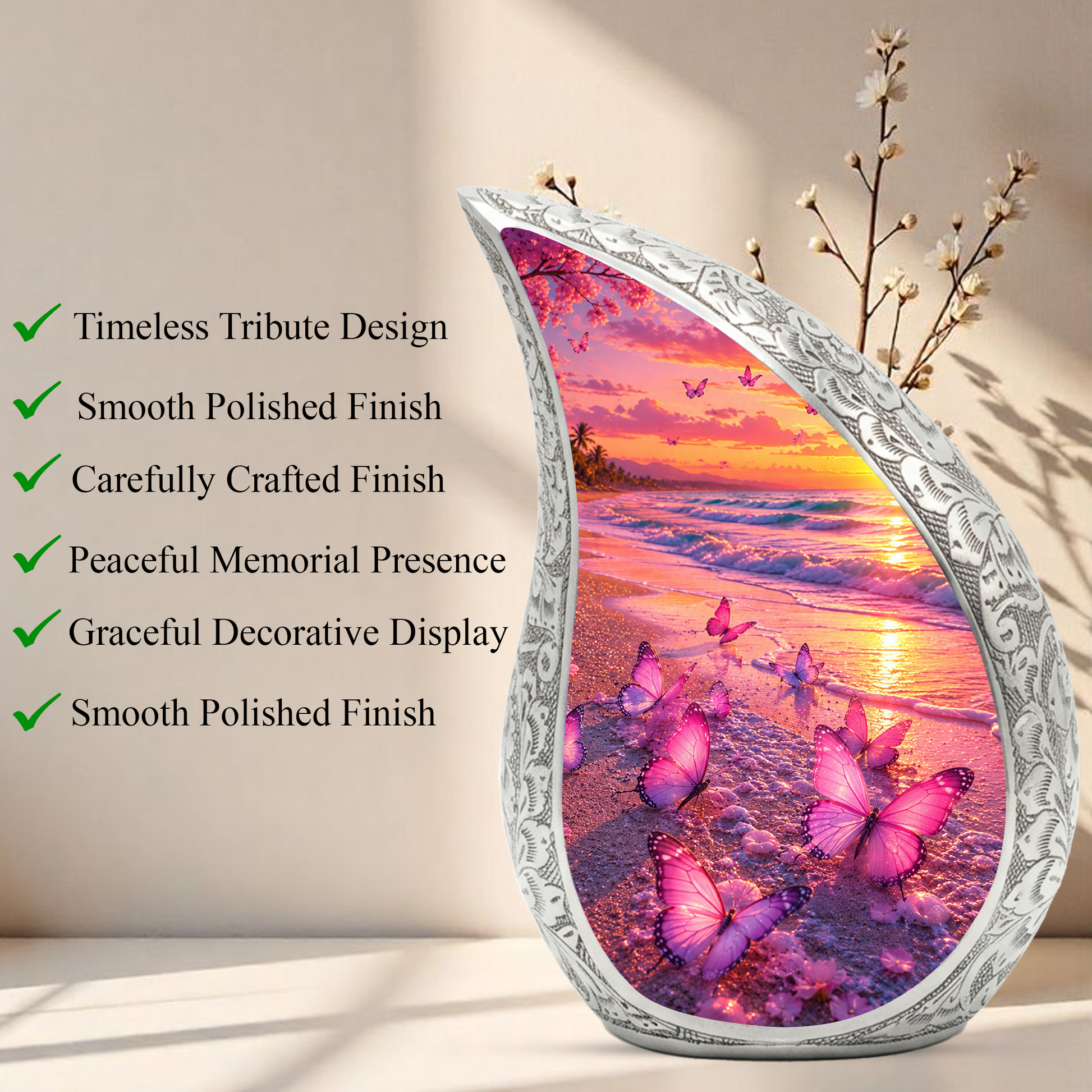 Butterfly Beach Memorial Urn for Ashes, Adult Cremation Urn