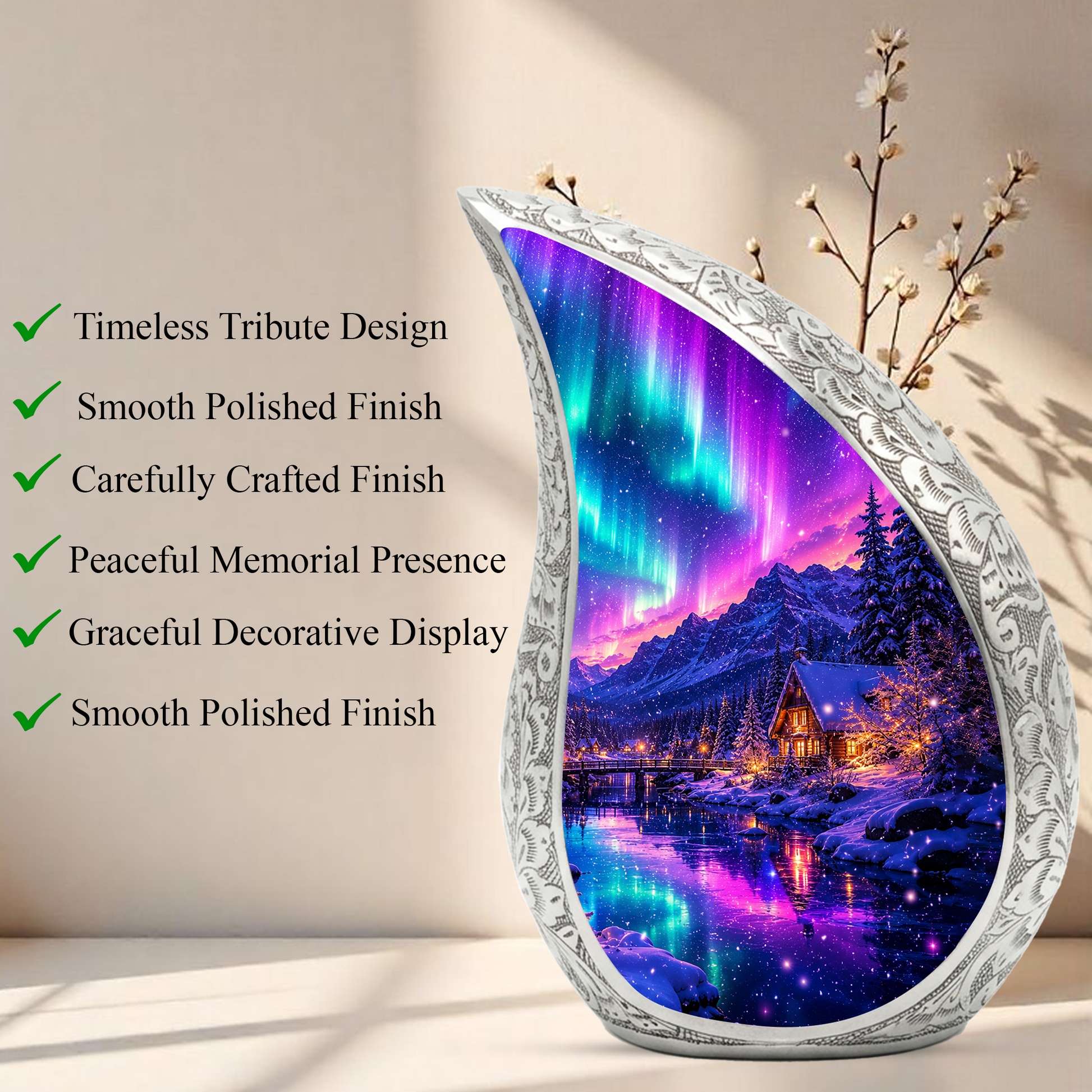 Aurora Winter Landscape Cremation Urn for Mom, Dad & Loved Ones | Beautiful Wooden Urns for Human Ashes, Personalized Memorial Adult Urn