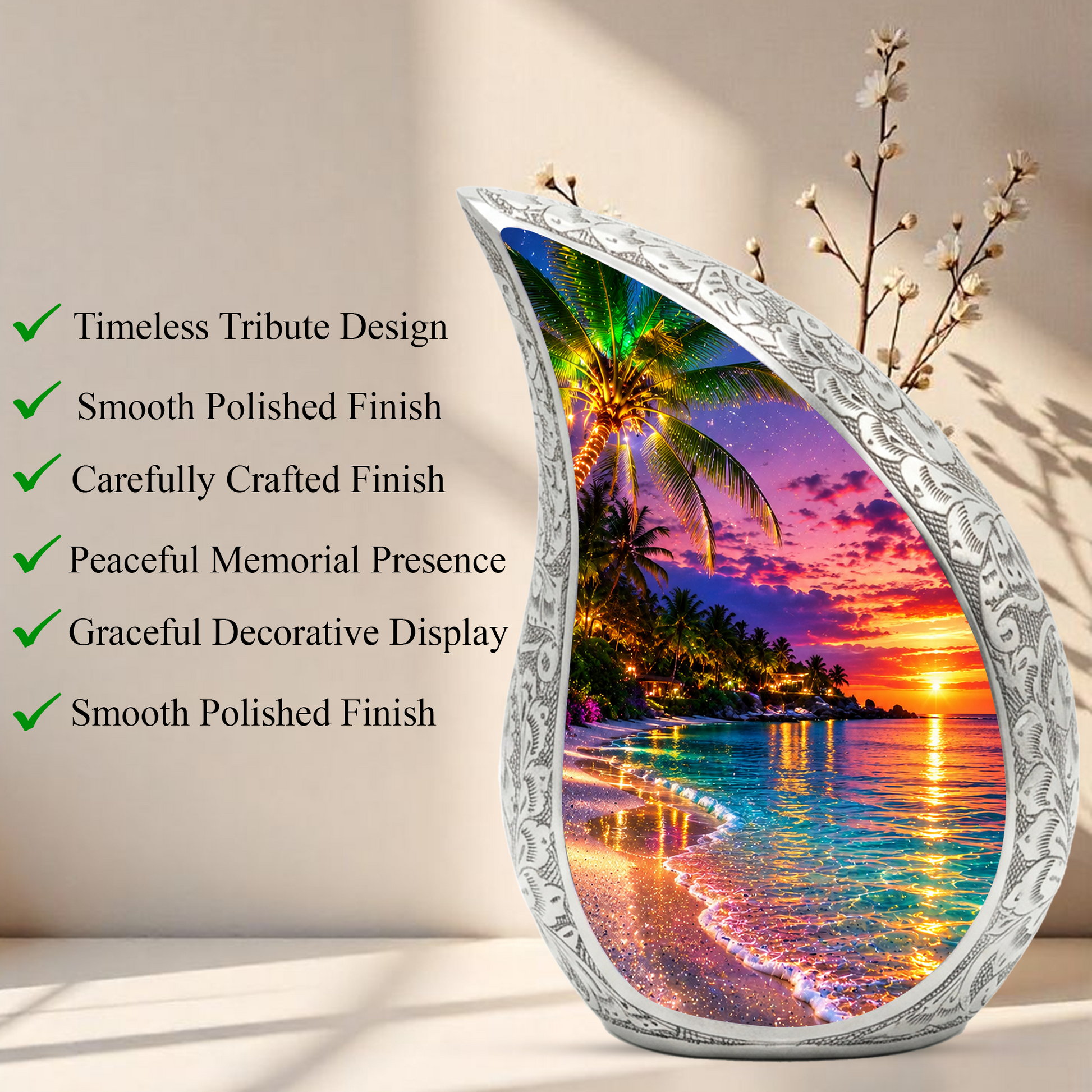 Beautiful Beach Urn for Human Ashes | Wooden Ocean Sunset Cremation Urn | Beach Memorial Urn for Mom