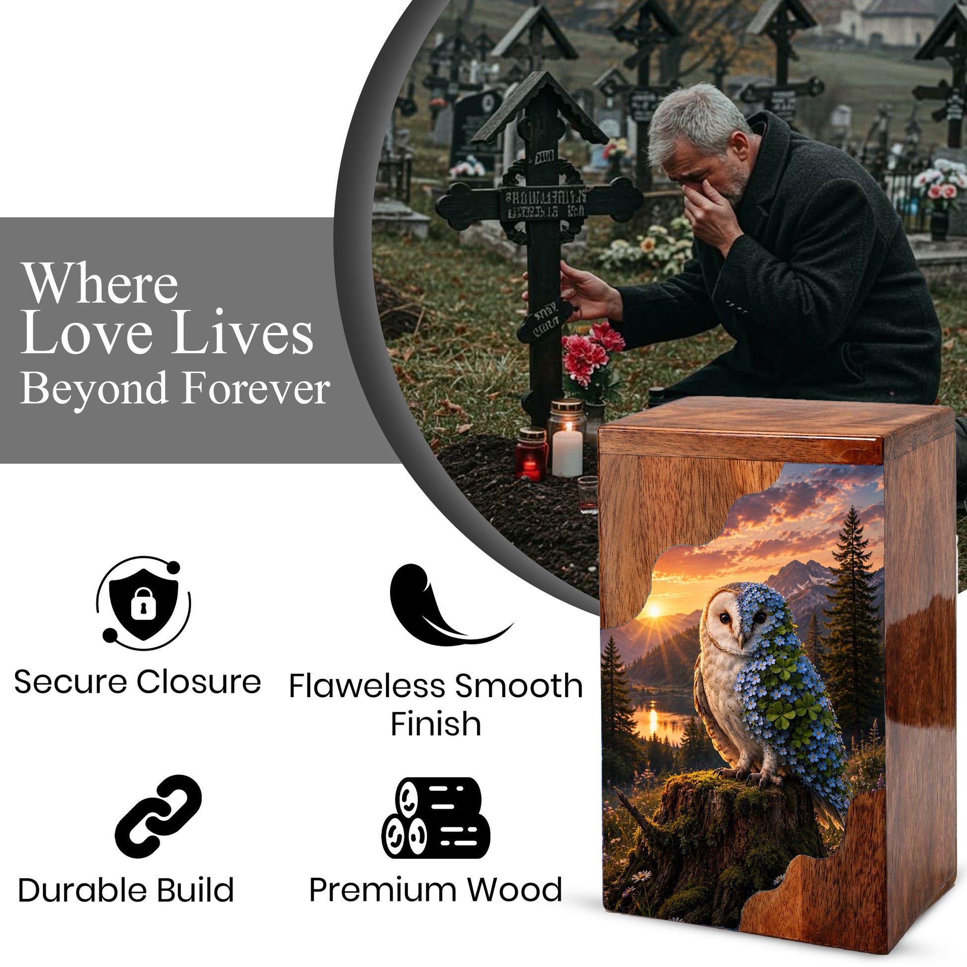 Owl Wooden Cremation Urn – Wooden Urn for Human Ashes