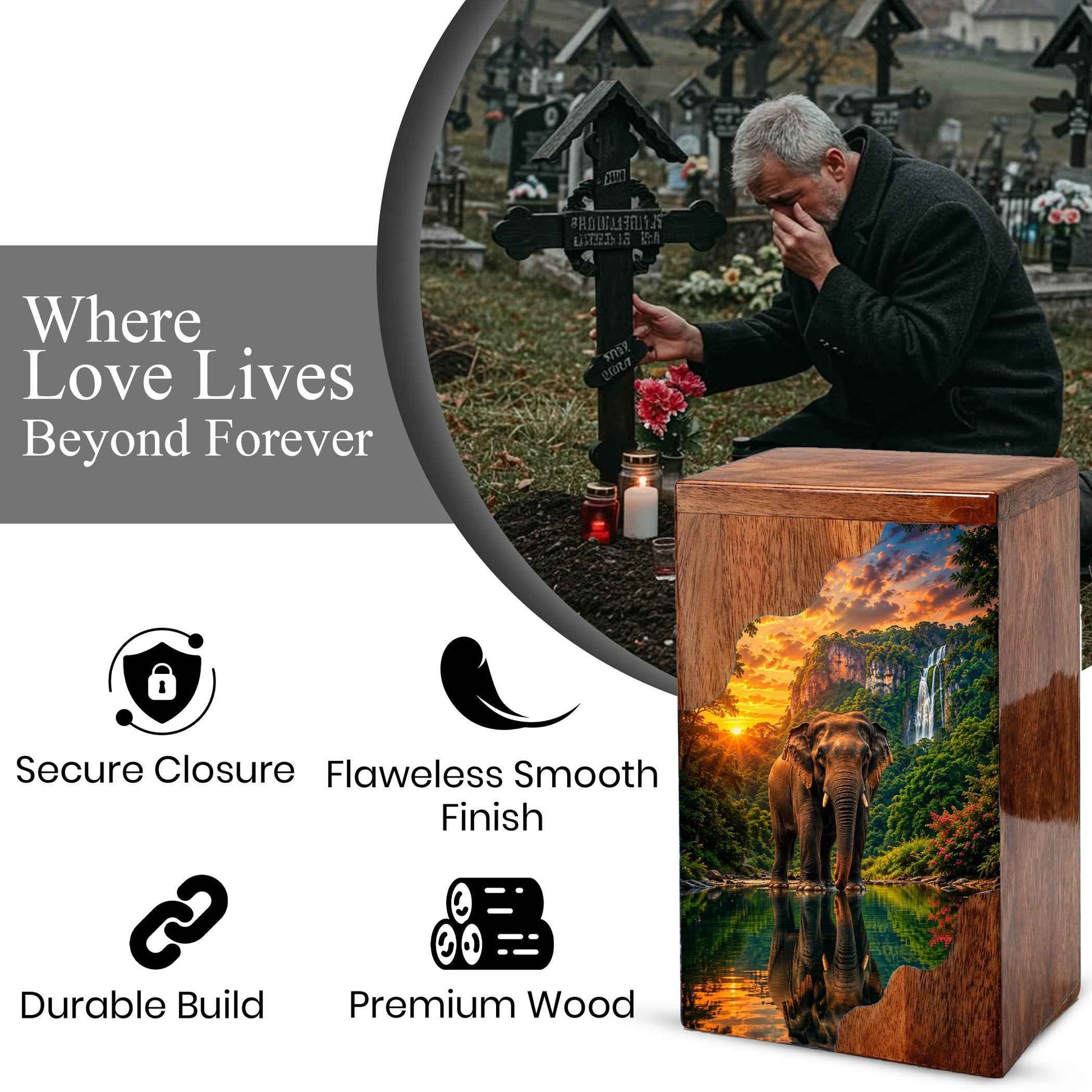 Elephant Wooden Cremation Urn for Dad | Personalized Wooden Urn for Human Ashes