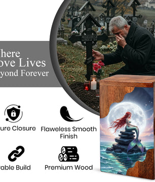 Wooden Cremation Urn – Moonlit Mermaid Memorial Urn | Custom Memorial Urn for Mom, Women & Loved Ones