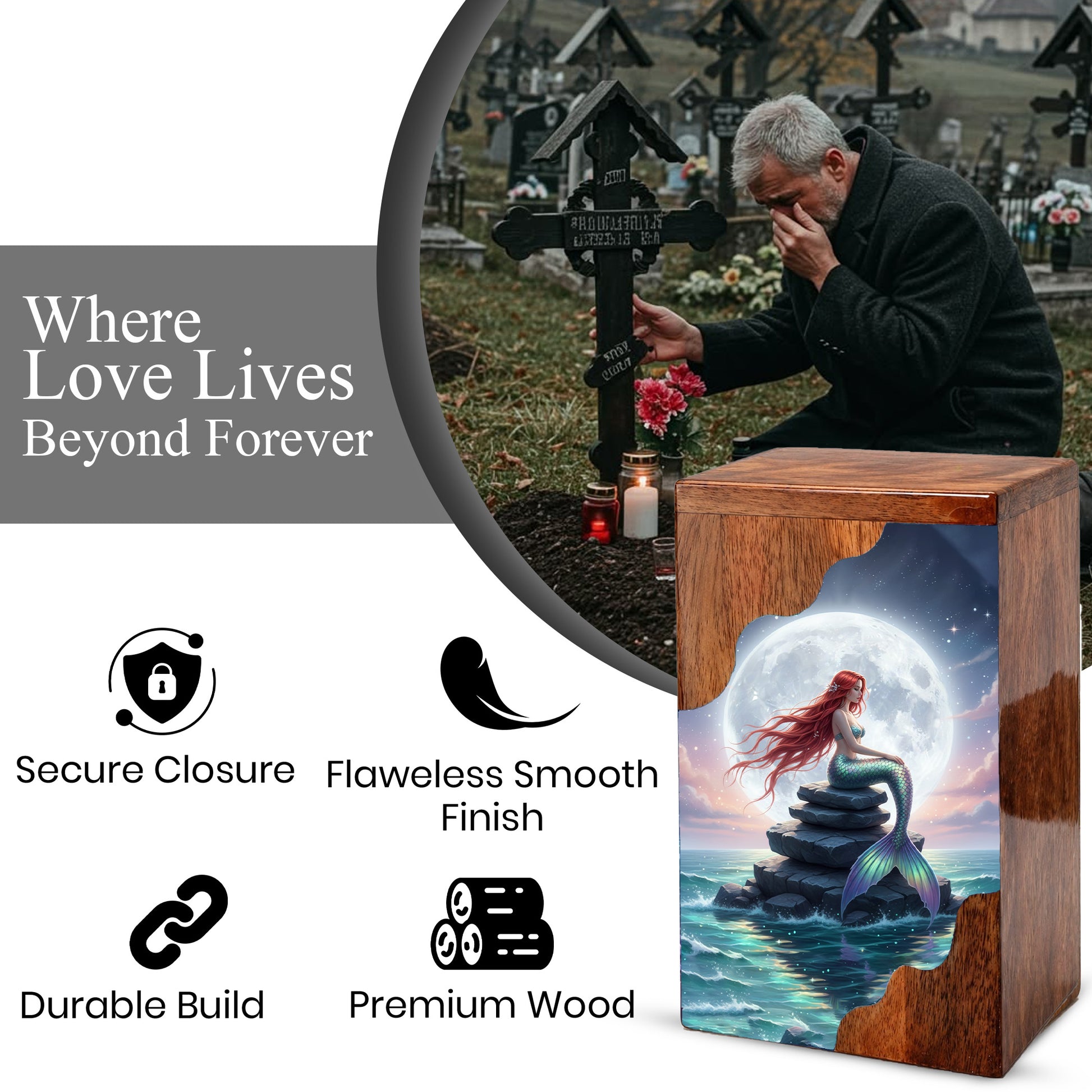 Wooden Cremation Urn – Moonlit Mermaid Memorial Urn | Custom Memorial Urn for Mom, Women & Loved Ones