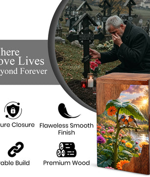 Family Birds Wooden Cremation Urn – Personalized Memorial Urn for Human Ashes