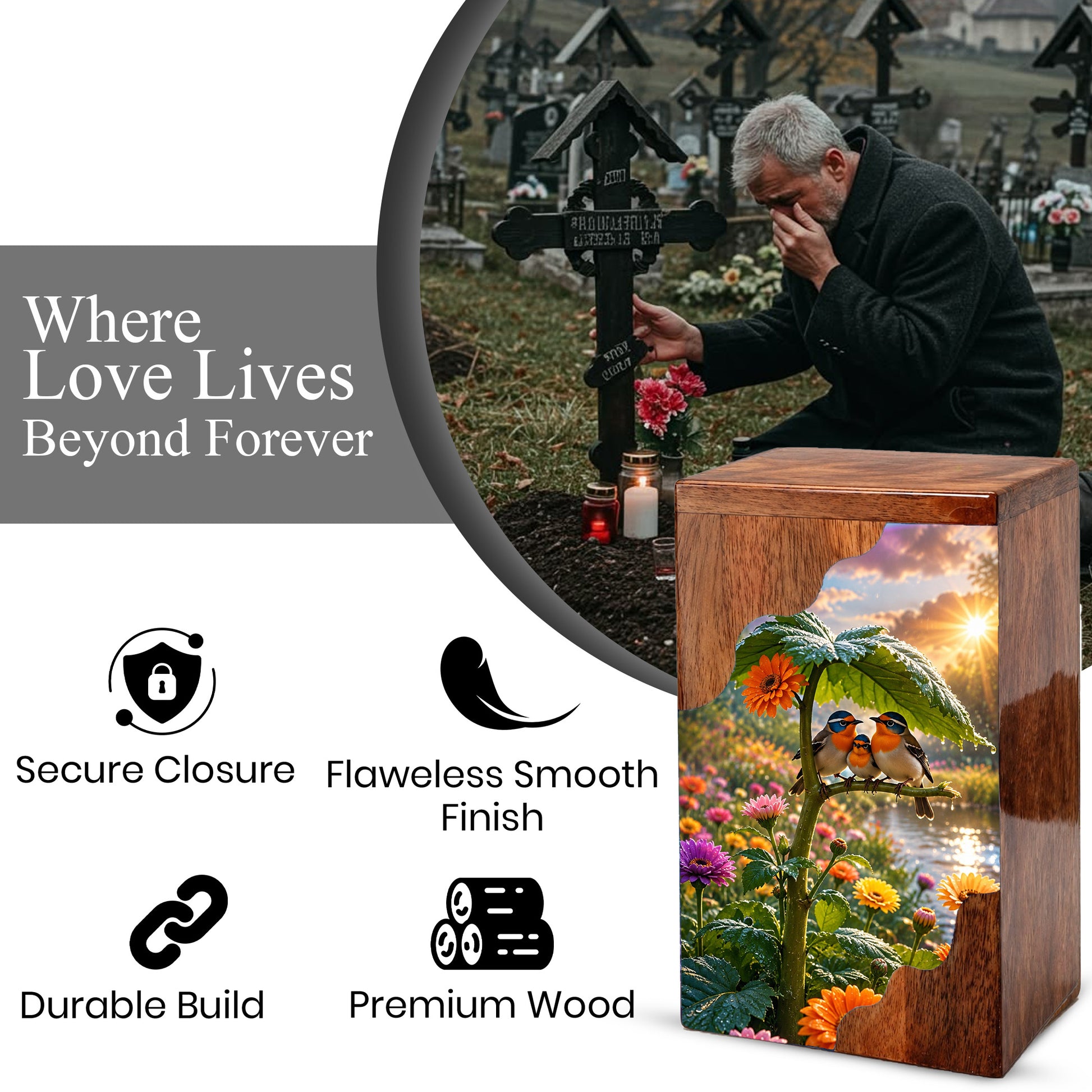 Family Birds Wooden Cremation Urn – Personalized Memorial Urn for Human Ashes