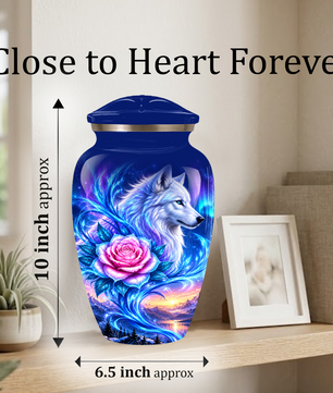 White Wolf and Pink Rose Cremation Urn for Adult Ashes, Blue Memorial Urn with Celestial Aurora and Sunset Mountain Artwork