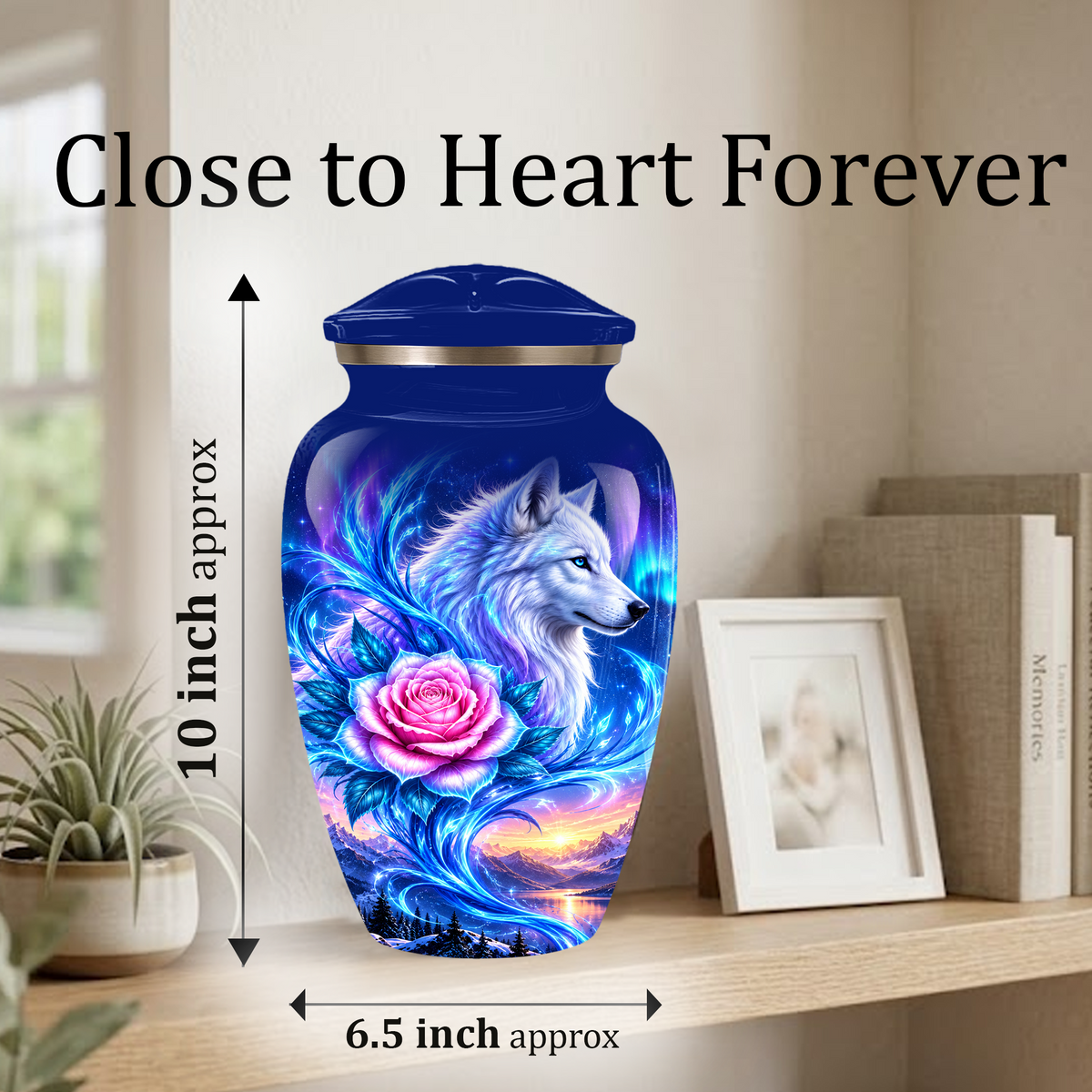 White Wolf and Pink Rose Cremation Urn for Adult Ashes, Blue Memorial Urn with Celestial Aurora and Sunset Mountain Artwork