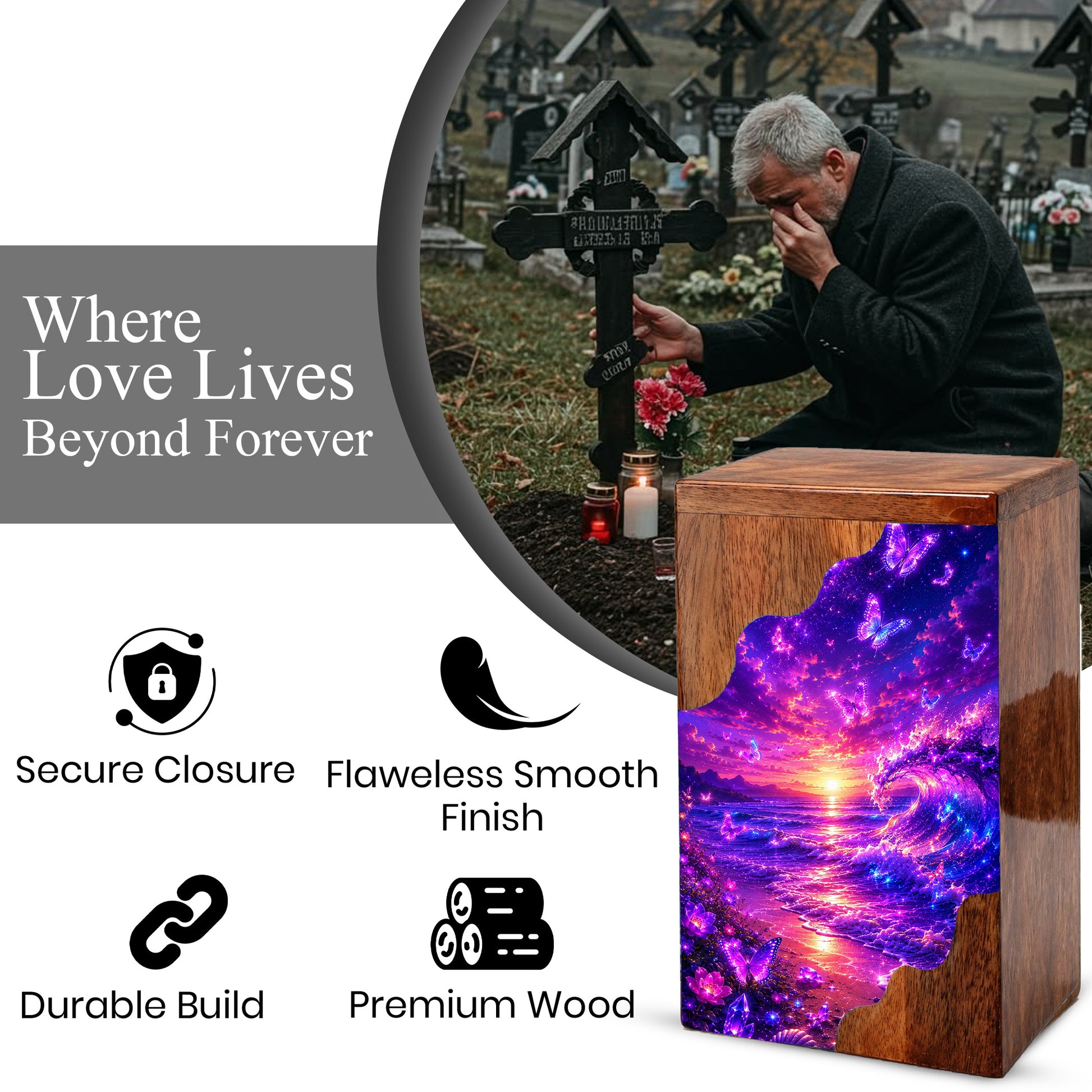 Butterfly Ocean Wooden Cremation Urn – Beach Theme Wooden Urn for Human Ashes