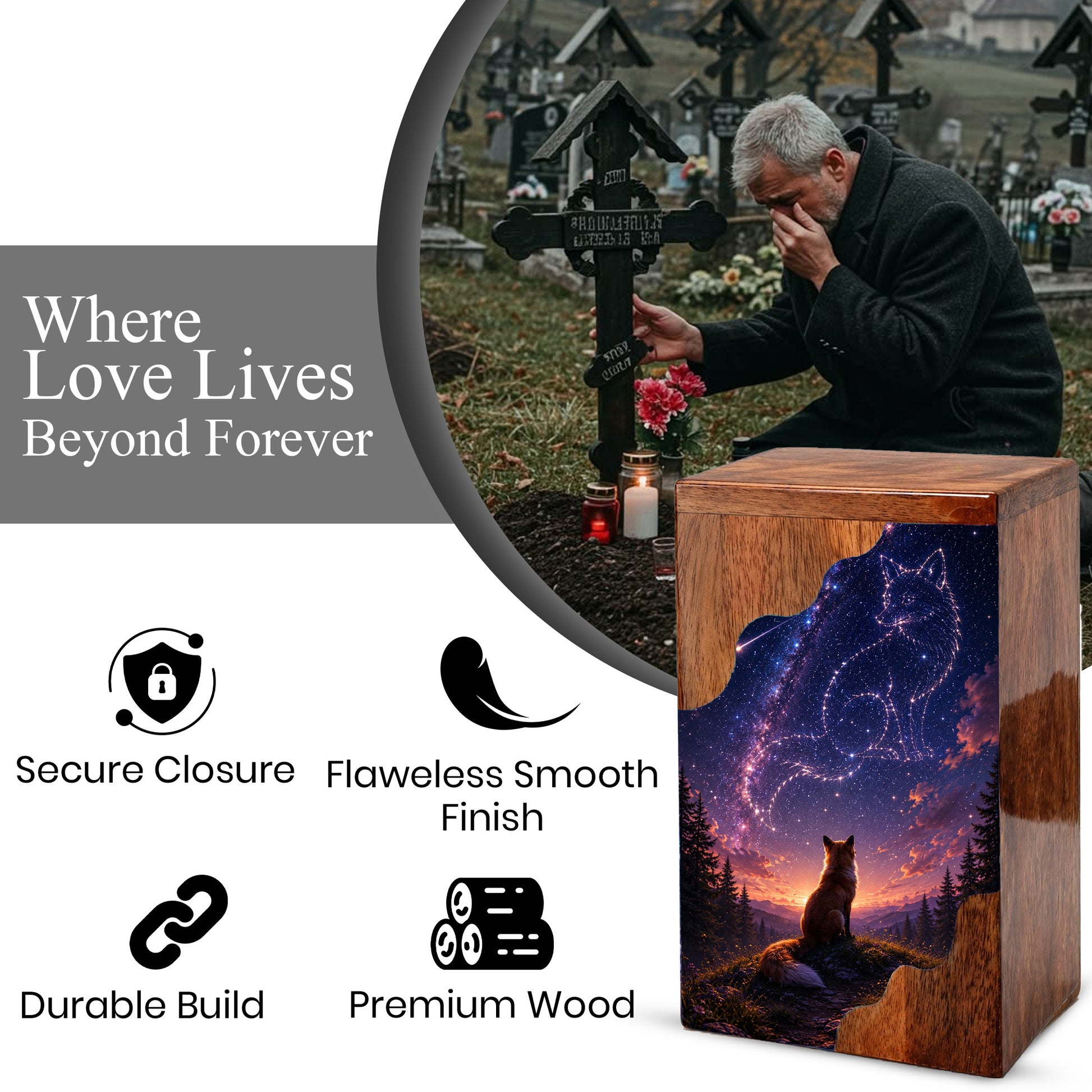 Fox Memorial Wooden Cremation Urn – Wooden Urn for Human Ashes