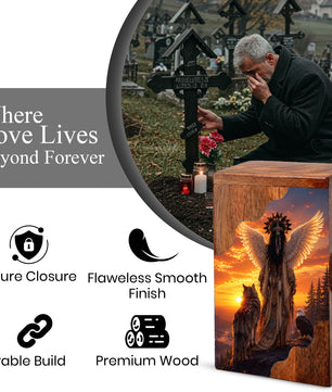 Spirit Guardian Wooden Cremation Urn – Angel Wings Memorial Urn for Human Ashes