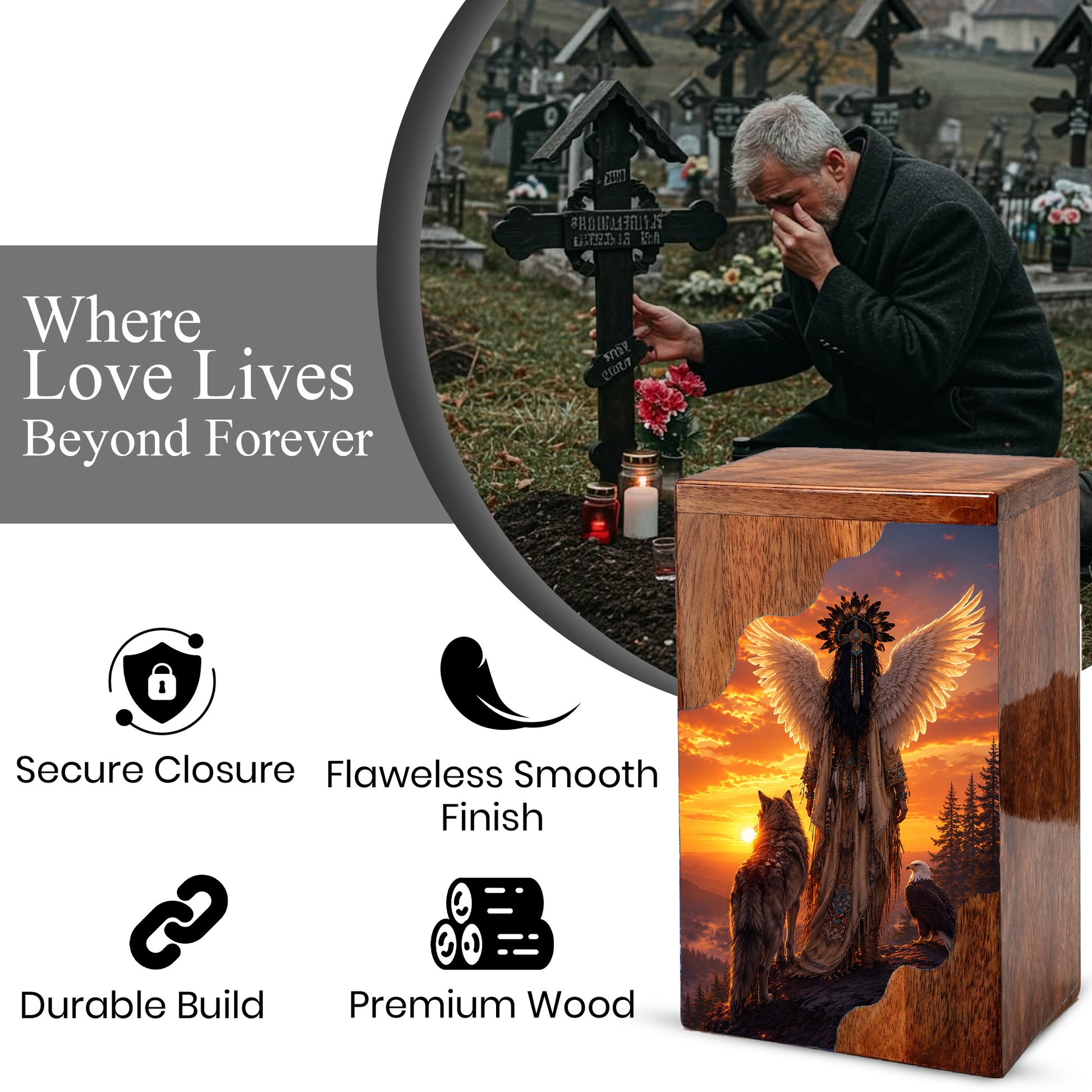 Spirit Guardian Wooden Cremation Urn – Angel Wings Memorial Urn for Human Ashes