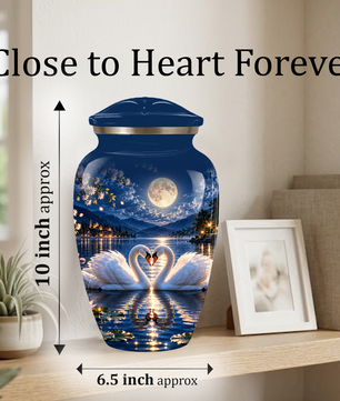 Personalized Adult Cremation Urn for Ashes, Two Swans Under the Full Moon Memorial Urn