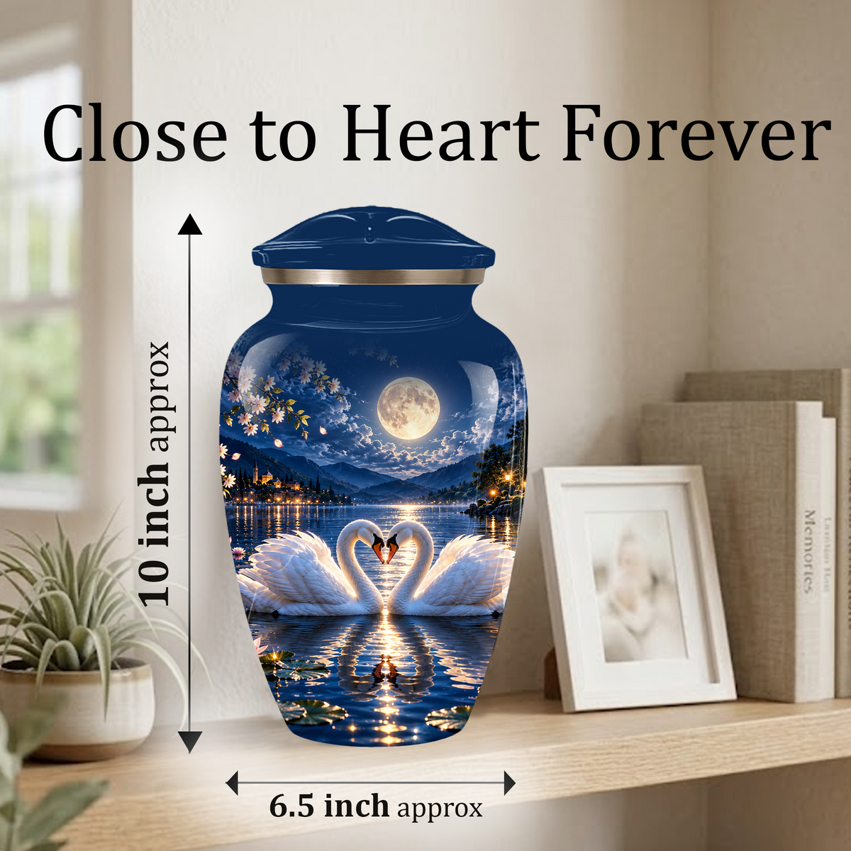 Personalized Adult Cremation Urn for Ashes, Two Swans Under the Full Moon Memorial Urn