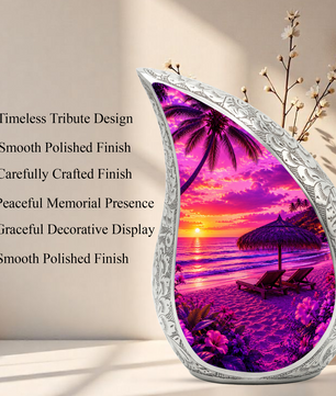 Beach Urns for Human Ashes – Ocean Sunset Beach Themed Cremation Urn, Palm Tree & Ocean Wave Memorial Urn for Mom, Women & Adults