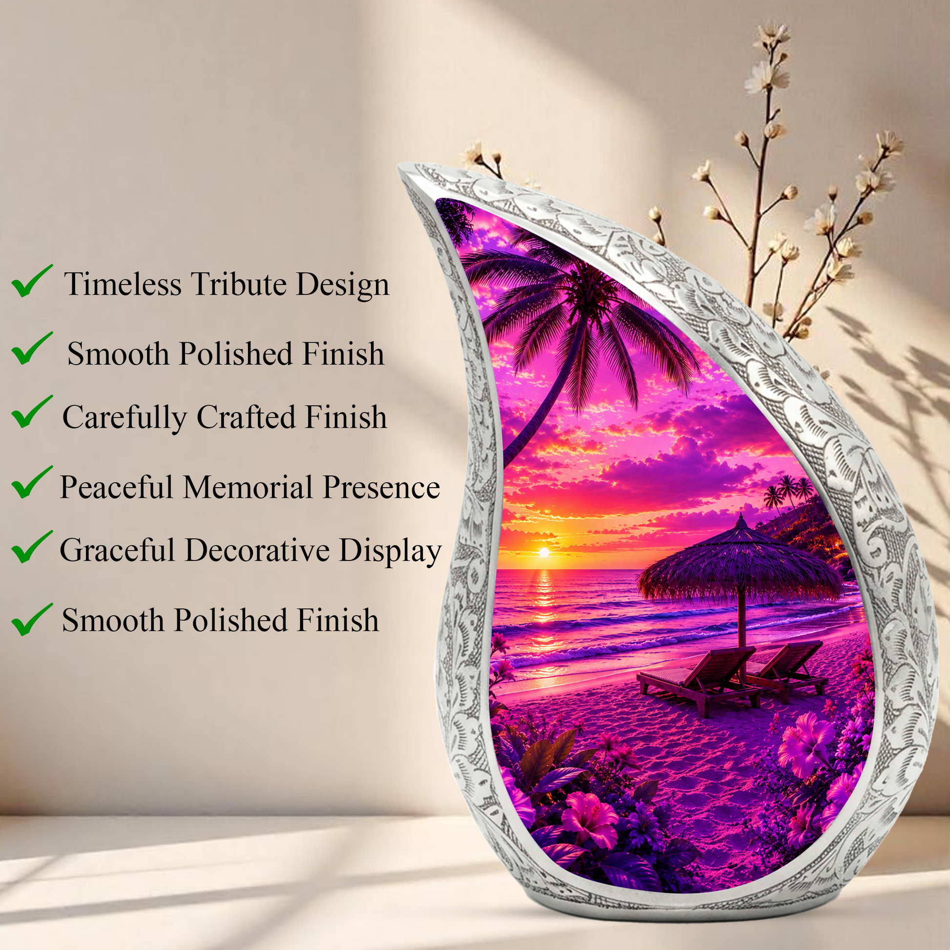 Beach Urns for Human Ashes – Ocean Sunset Beach Themed Cremation Urn, Palm Tree & Ocean Wave Memorial Urn for Mom, Women & Adults