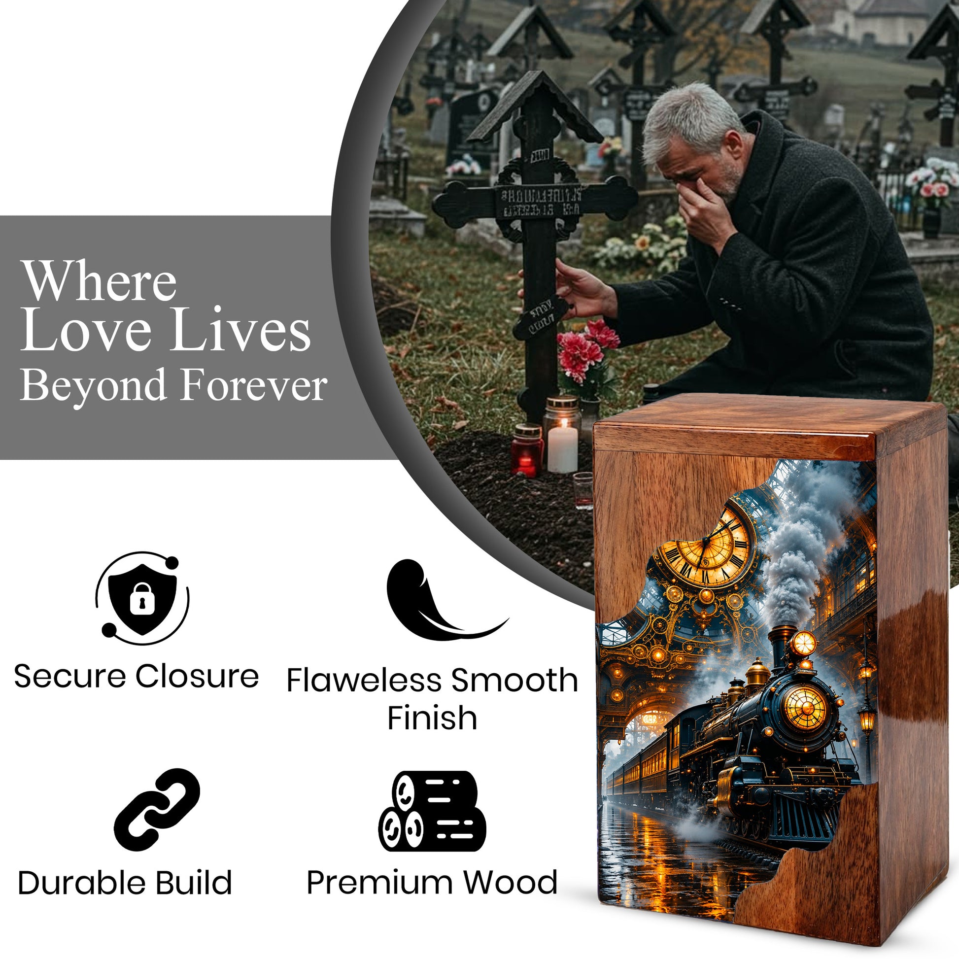 Steam Train Wooden Cremation Urn – Wooden Urn for Human Ashes