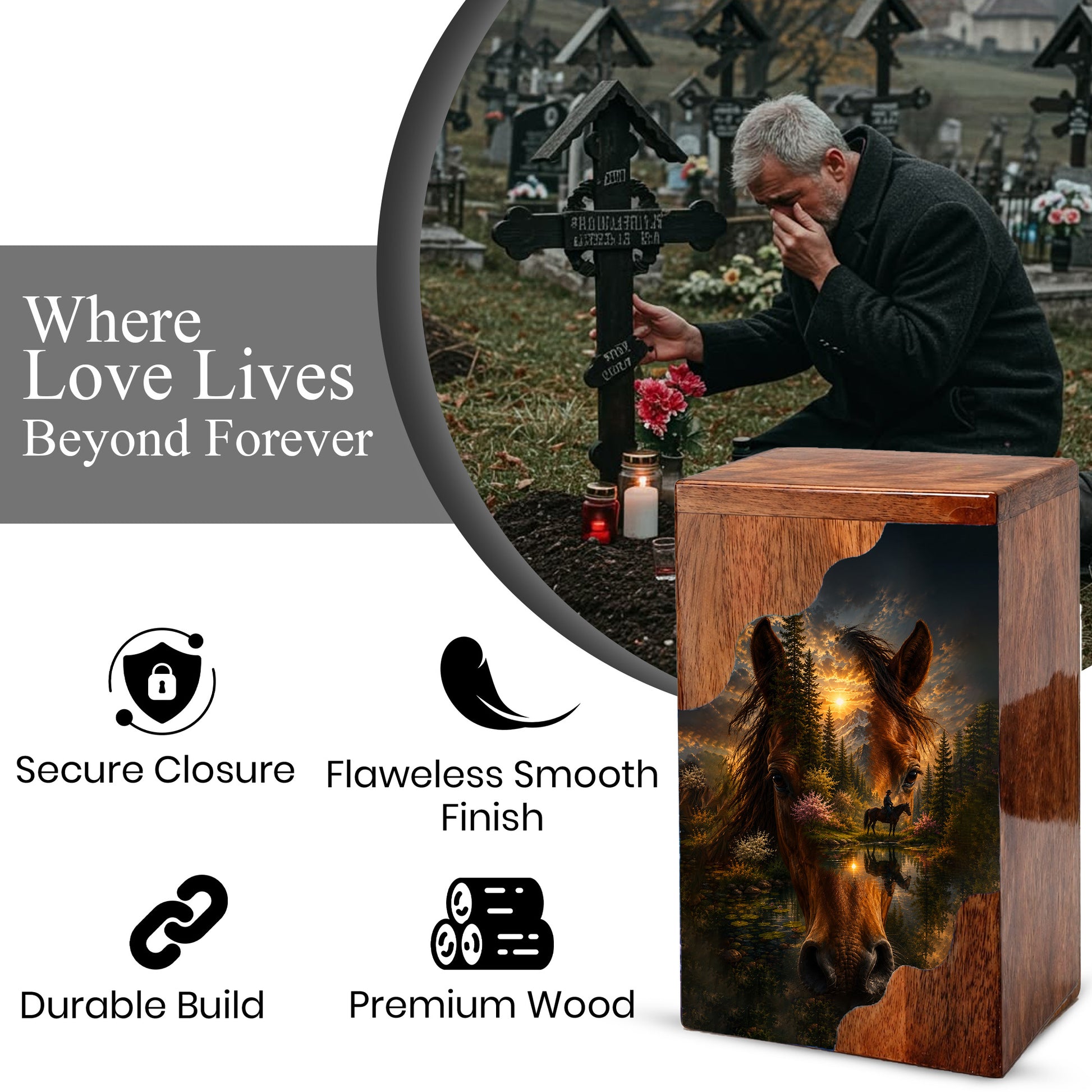 Horse Wooden Cremation Urn for Human Ashes | Personalized Horse Memorial Urn