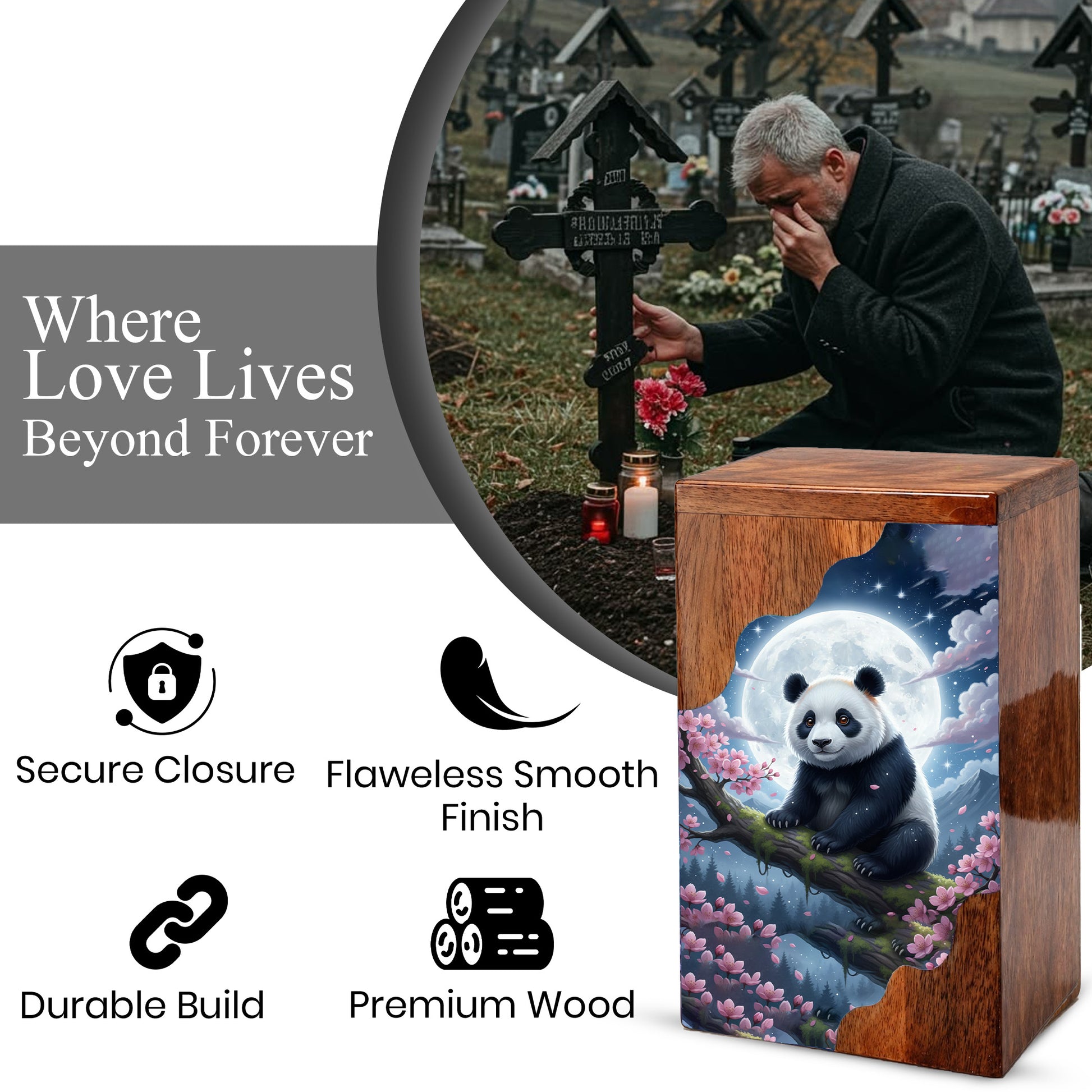 Wooden Cremation Urn – Moonlit Panda Memorial Urn | Custom Memorial Urn for Mom, Dad & Loved Ones