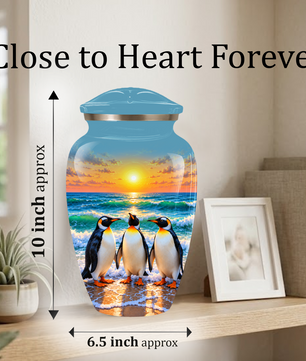 , Penguin Beach Sunset Memorial Urn, Ocean-Themed Urn for Human Ashes