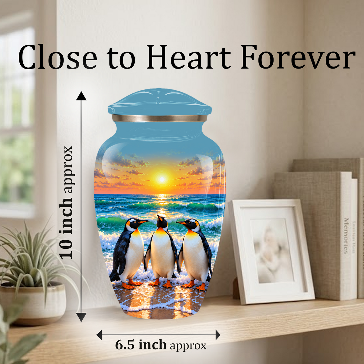 , Penguin Beach Sunset Memorial Urn, Ocean-Themed Urn for Human Ashes