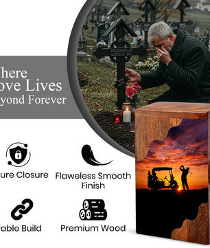 Personalized Golf Wooden Cremation Urn – Sunset Golf Memorial Urn | Custom Wooden Urn for Dad