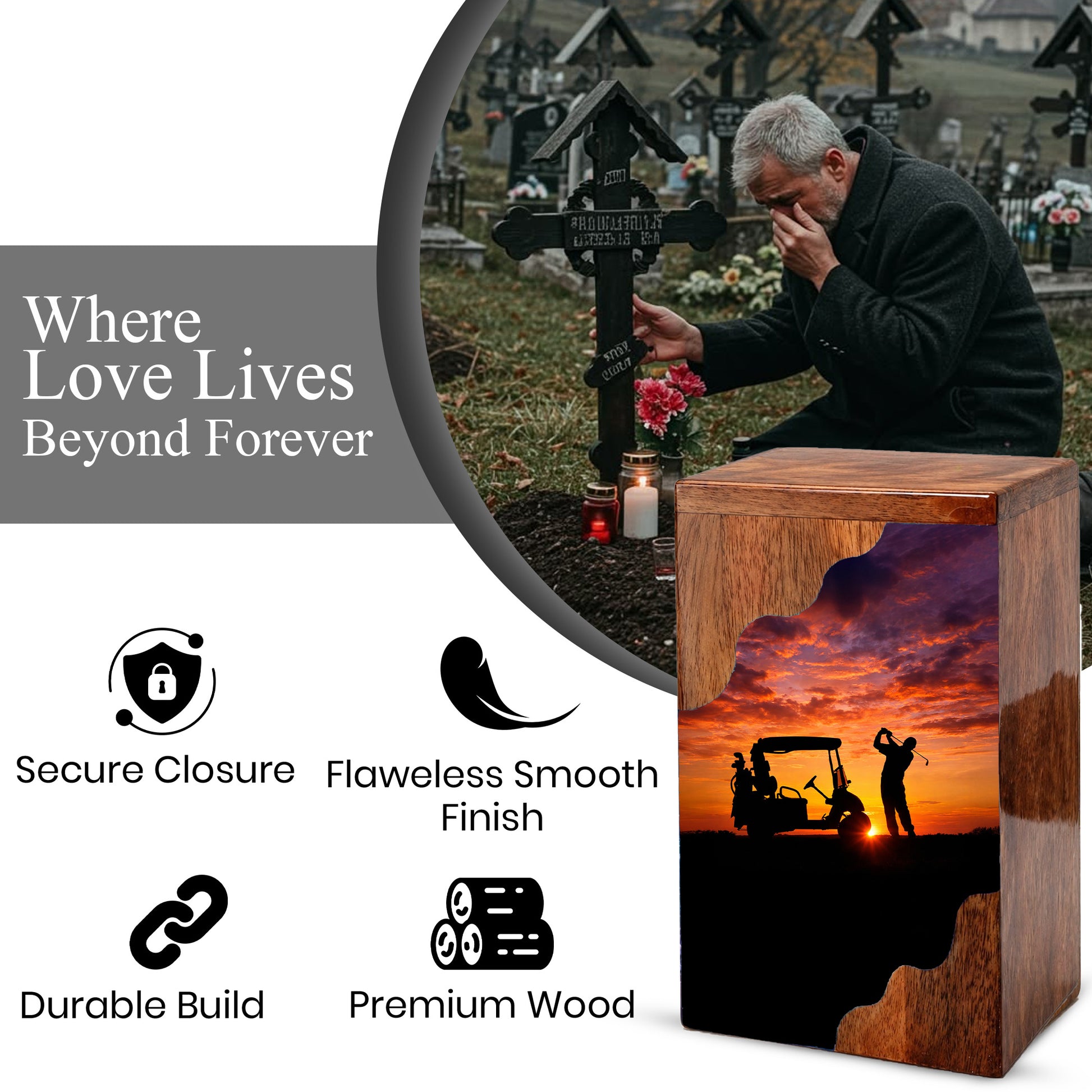 Personalized Golf Wooden Cremation Urn – Sunset Golf Memorial Urn | Custom Wooden Urn for Dad