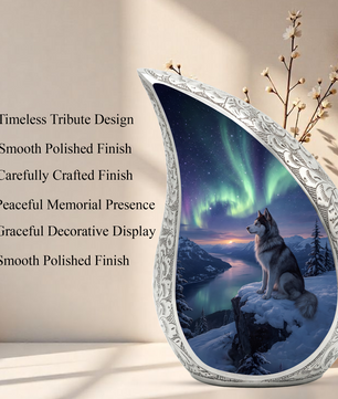 Personalized Husky Cremation Urn – Custom Dog Memorial Urn for Ashes, Northern Lights Pet Memorial, Teardrop Aluminum Adult Urn, 10 Inch