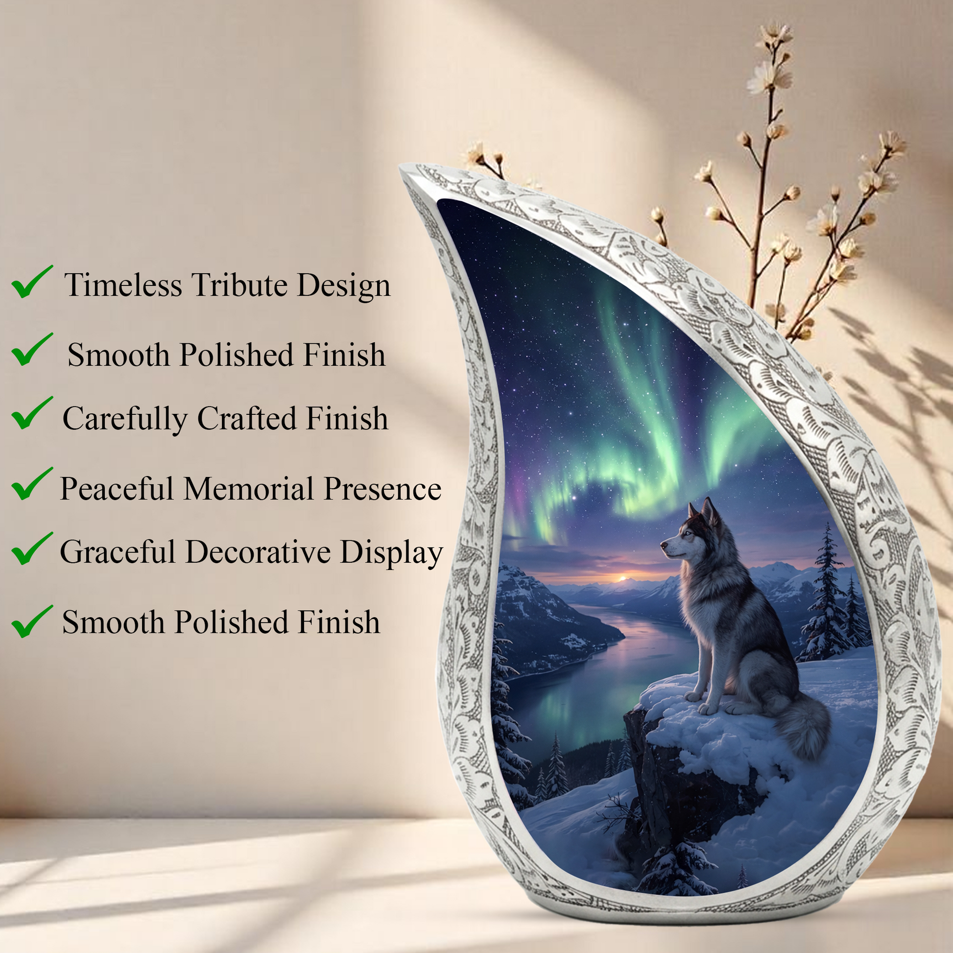 Personalized Husky Cremation Urn – Custom Dog Memorial Urn for Ashes, Northern Lights Pet Memorial, Teardrop Aluminum Adult Urn, 10 Inch