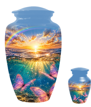 Pink Butterfly Cremation Urn for Women - Rainbow Sunset Memorial Urns for Ashes