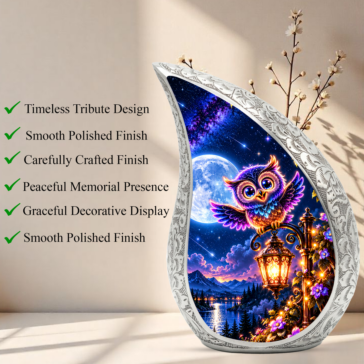 Owl Urn for Ashes, Colorful Owl Cremation Urn with Moon