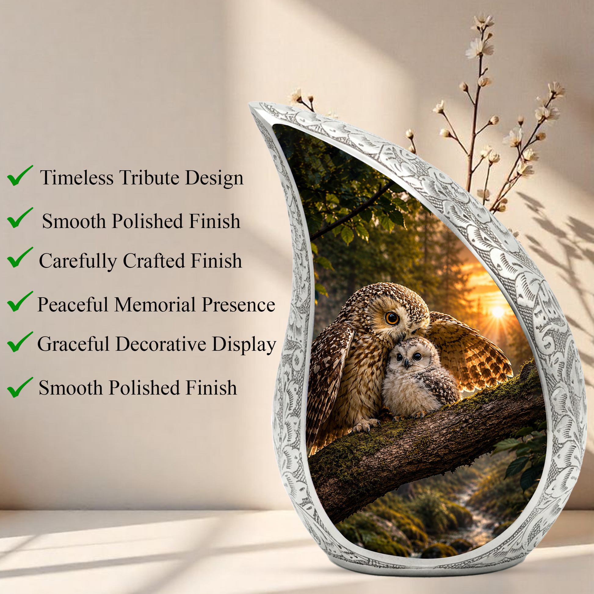 Owl Sunset Urn for Human Ashes | Beautiful Owl Adult Cremation Urn | Wildlife Sunset Memorial Urn