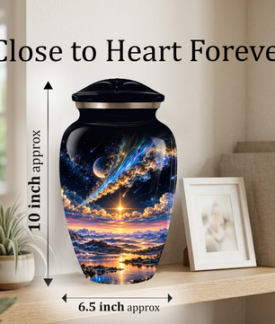 Personalized Adult Cremation Urn for Ashes, Custom Memorial Urn, Galaxy and Mountain Sunset Design
