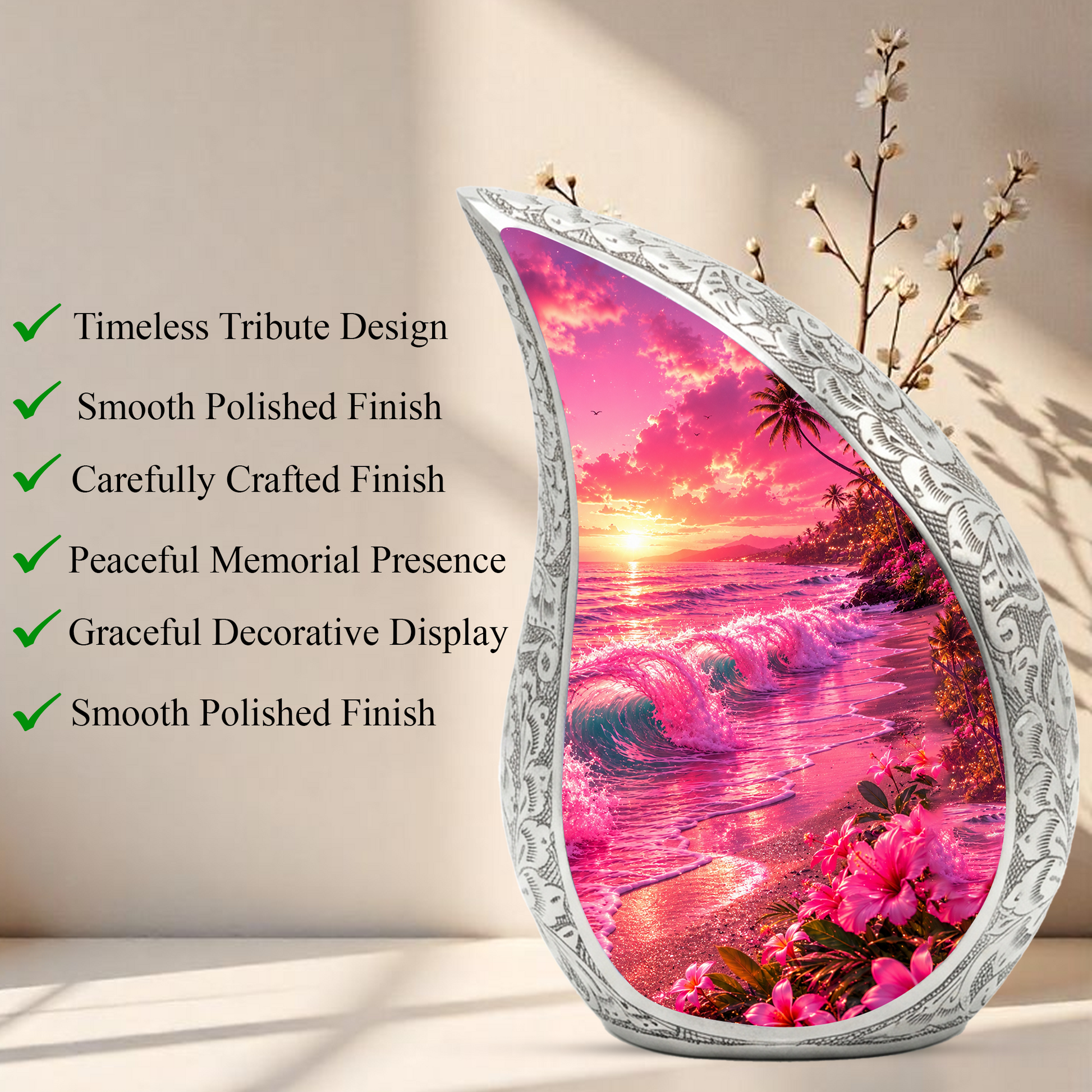 Pink Beach Cremation Urn for Adult Ashes | Beautiful Ocean Wave & Sunset Urn for Mom, Women & Loved Ones