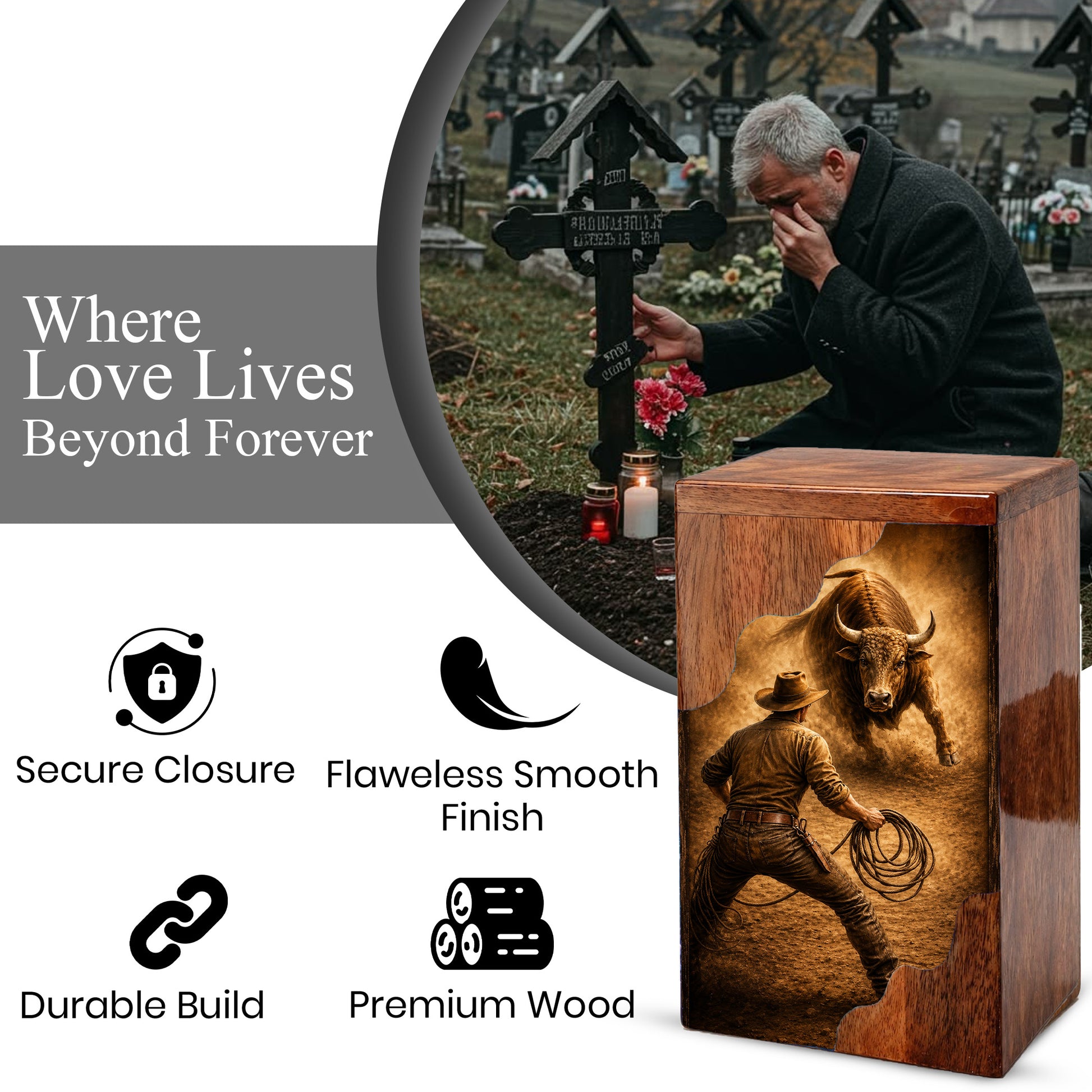 Western Cowboy Cremation Urn – Wooden Urn for Human Ashes