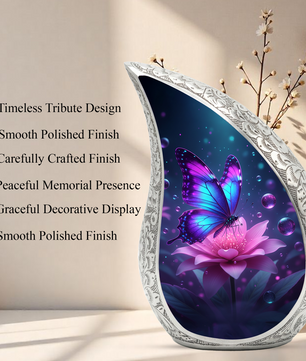 Butterfly Personalized Cremation Urn for Mom – Teardrop Style Aluminum Memorial Urn, 10 Inch