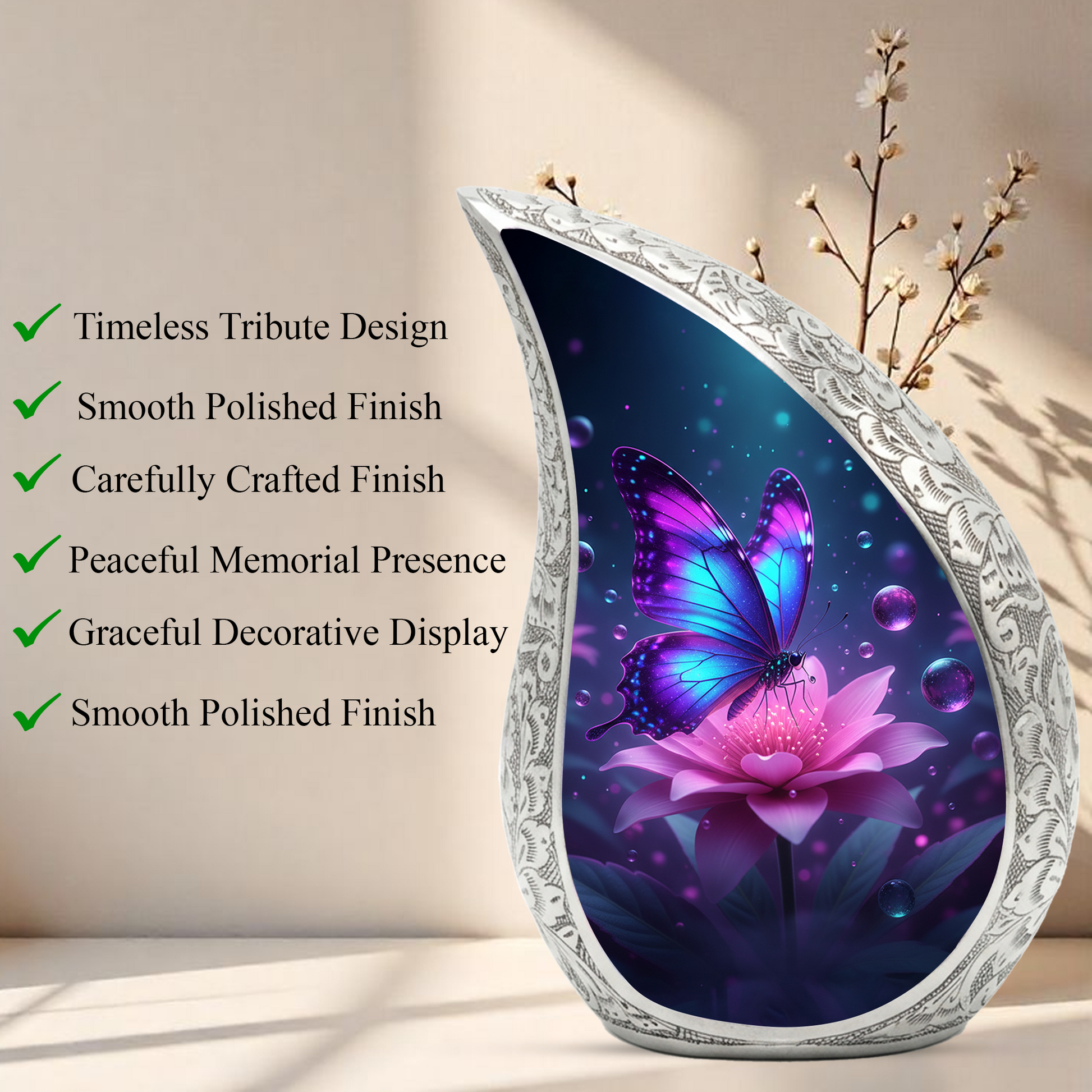 Butterfly Personalized Cremation Urn for Mom – Teardrop Style Aluminum Memorial Urn, 10 Inch