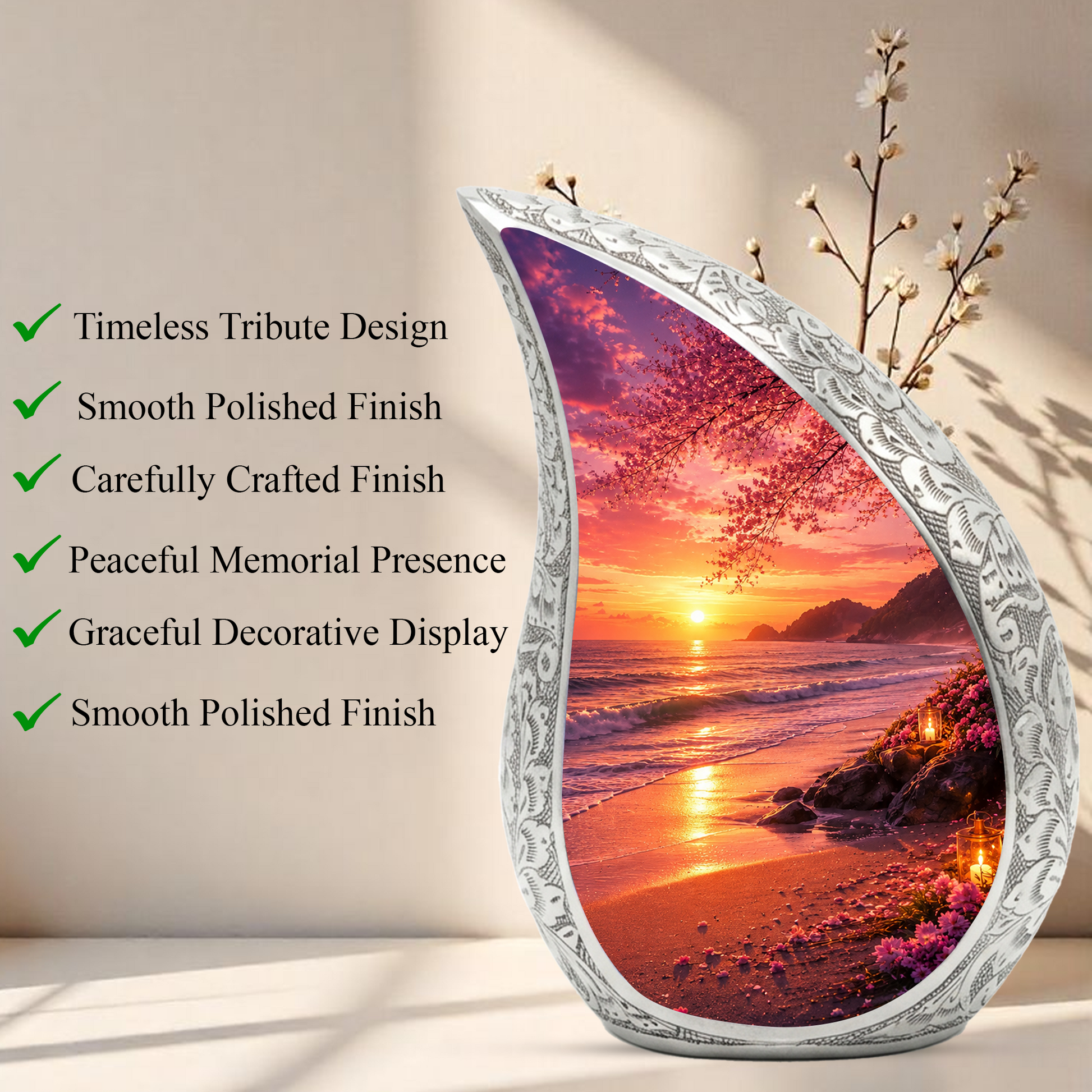 Ocean Beach Sunset Urn for Human Ashes | Beach Cremation Urn with Palm Tree