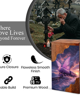 Butterfly Train Wooden Cremation Urn for Human Ashes