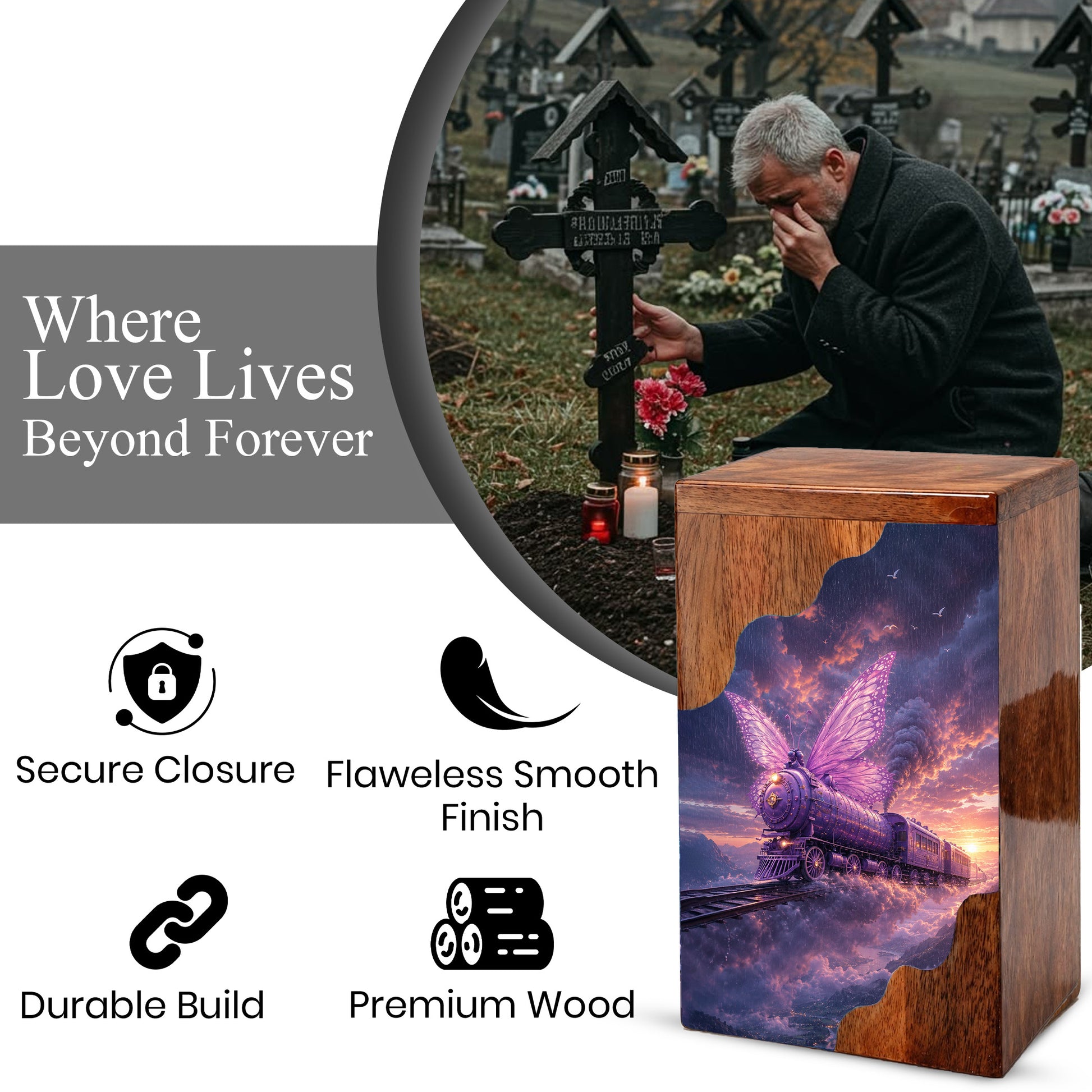 Butterfly Train Wooden Cremation Urn for Human Ashes