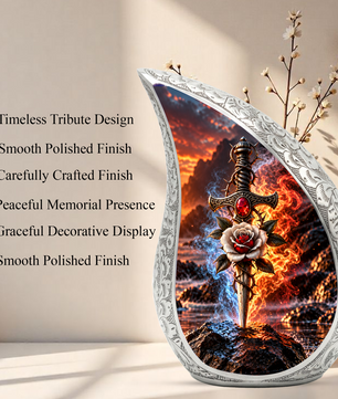 Sword and Rose Cremation Urn for Adult Ashes, Gothic Memorial Urn