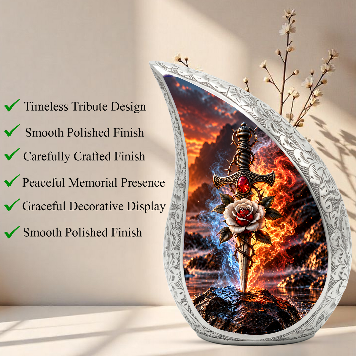 Sword and Rose Cremation Urn for Adult Ashes, Gothic Memorial Urn